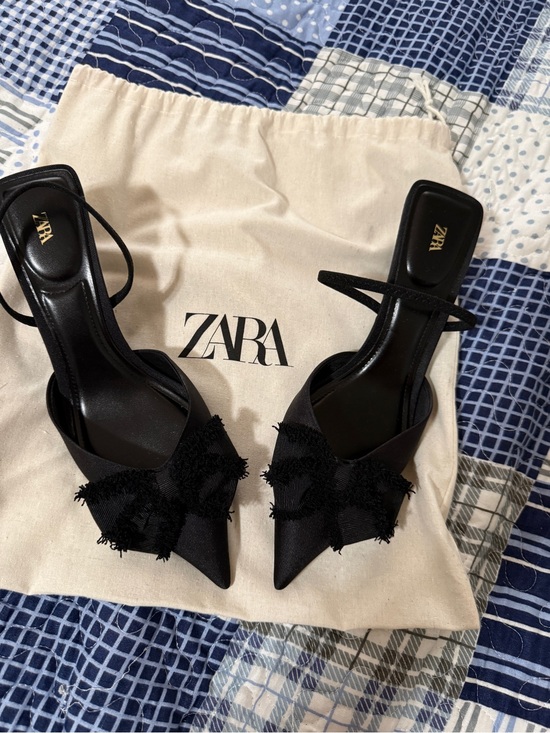 Zara Shoes - ZARA Black Pointed Bow Slingback Heels with Frayed Detail